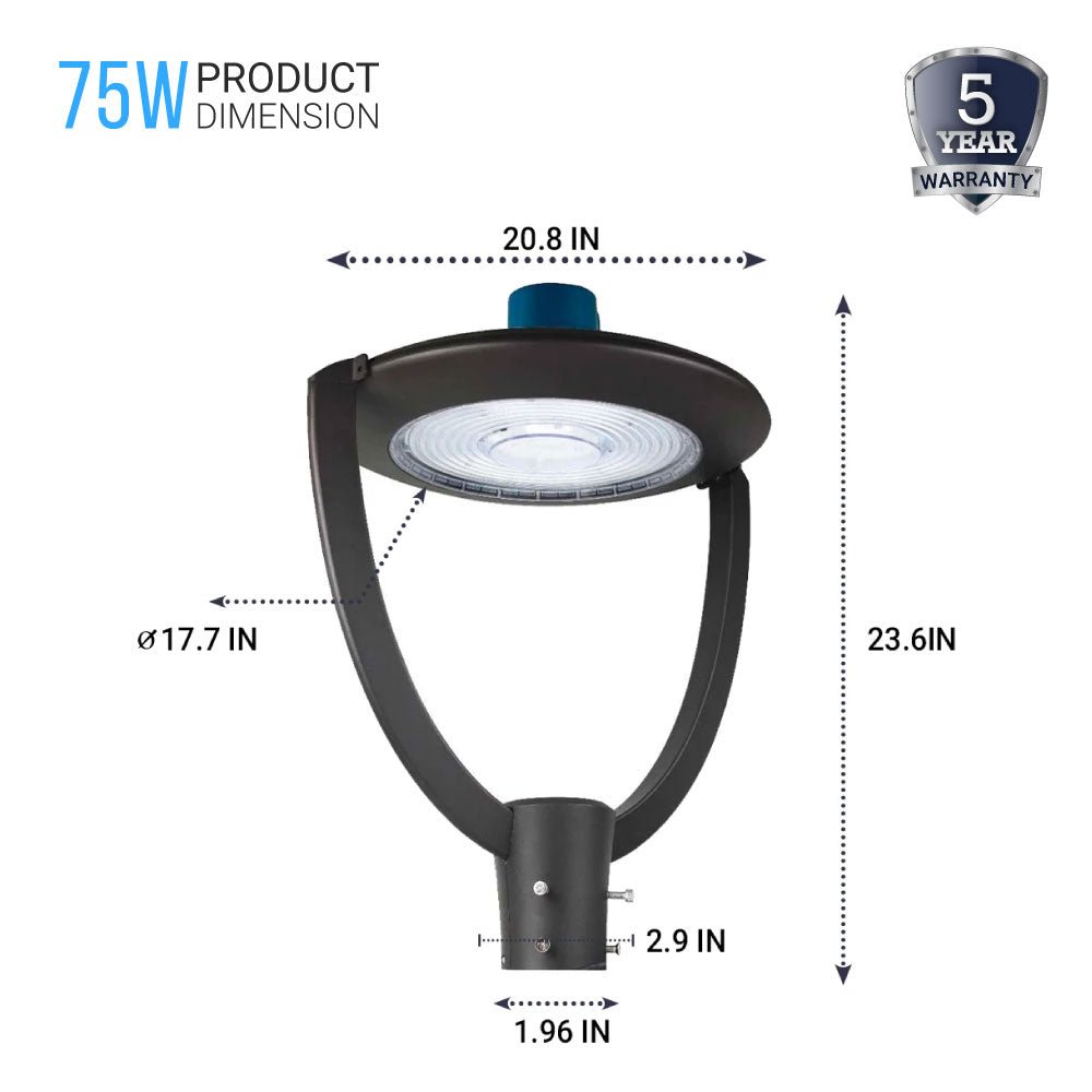 LED Post Top Light With Photocell 75W, 5700K, AC120-277V, UL, DLC Listed, IP65 Waterproof, Dimmable, Bronze, For Street Yard Garden Lighting