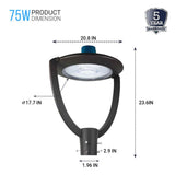 LED Post Top Light With Photocell 75W, 5700K, AC120-277V, UL, DLC Listed, IP65 Waterproof, Dimmable, Bronze, For Street Yard Garden Lighting