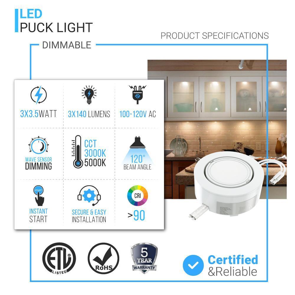 LED Puck Lights, 3-Piece Kit Direct Plug-In, Dimmable, 3x3 Watts, 3x140 LM, White, Linkable LED Under Counter Lights for Kitchen, Desk