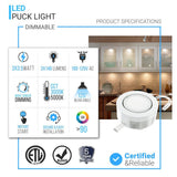 LED Puck Lights, 3-Piece Kit Direct Plug-In, Dimmable, 3x3 Watts, 3x140 LM, White, Linkable LED Under Counter Lights for Kitchen, Desk