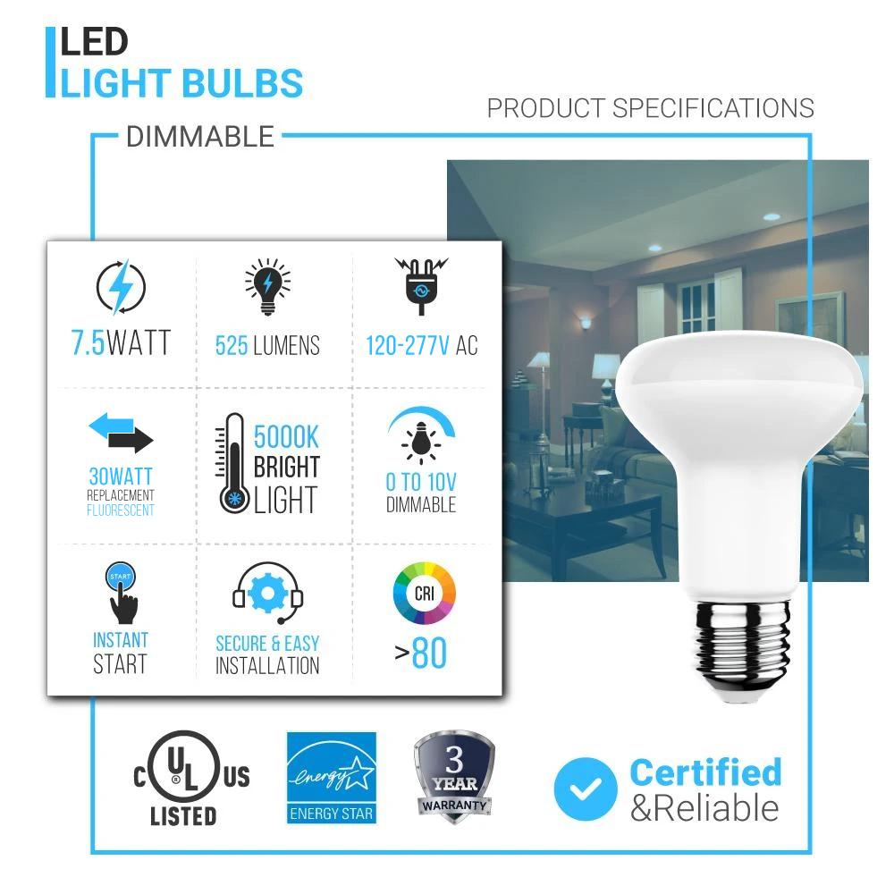 LED R20/BR20 Bulbs - 5000K - Day Light White - 7.5Watts - 50 Watt Equivalent
