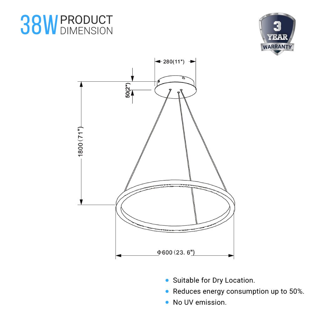 LED Ring Chandelier, 1-Ring, 38W, 3000K, 1512LM, Dimmable, Diameter 23.6''×71''