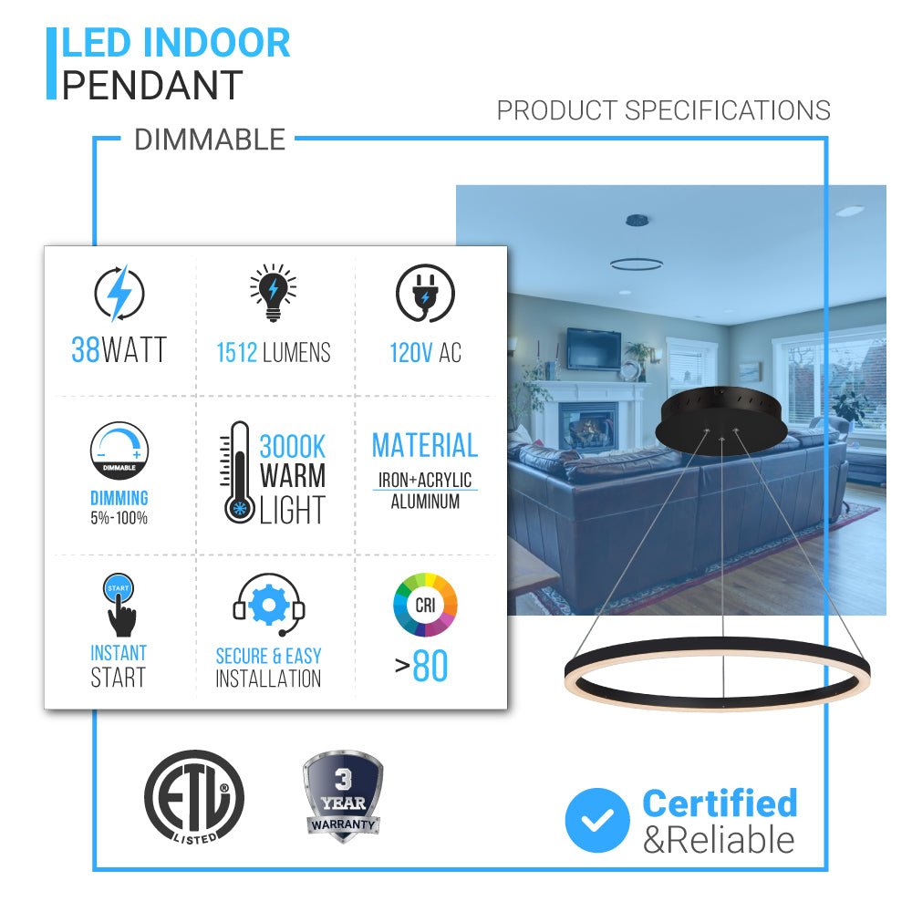 LED Ring Chandelier, 1-Ring, 38W, 3000K, 1512LM, Dimmable, Diameter 23.6''×71''