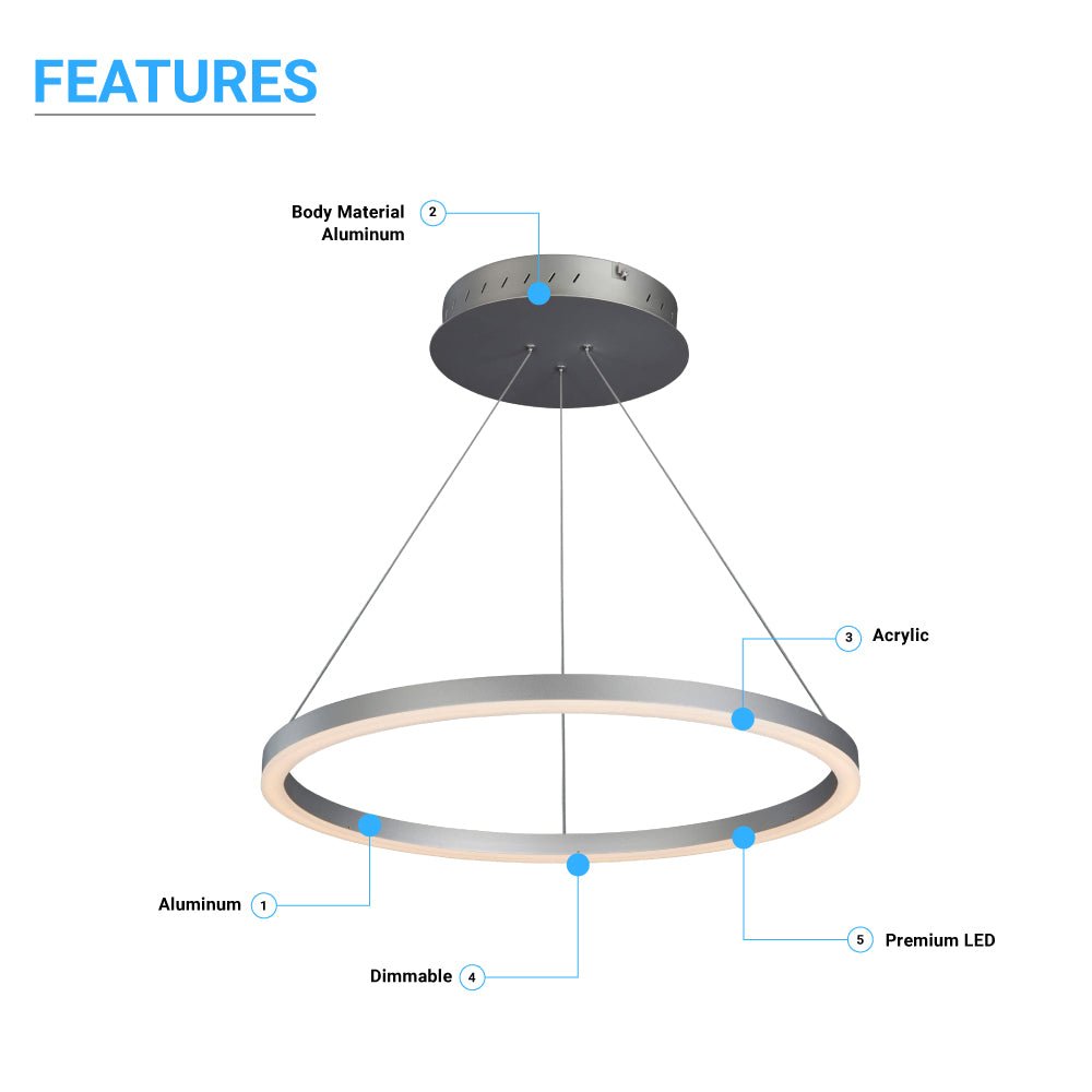 LED Ring Chandelier, 1-Ring, 38W, 3000K, 1512LM, Dimmable, Diameter 23.6''×71''
