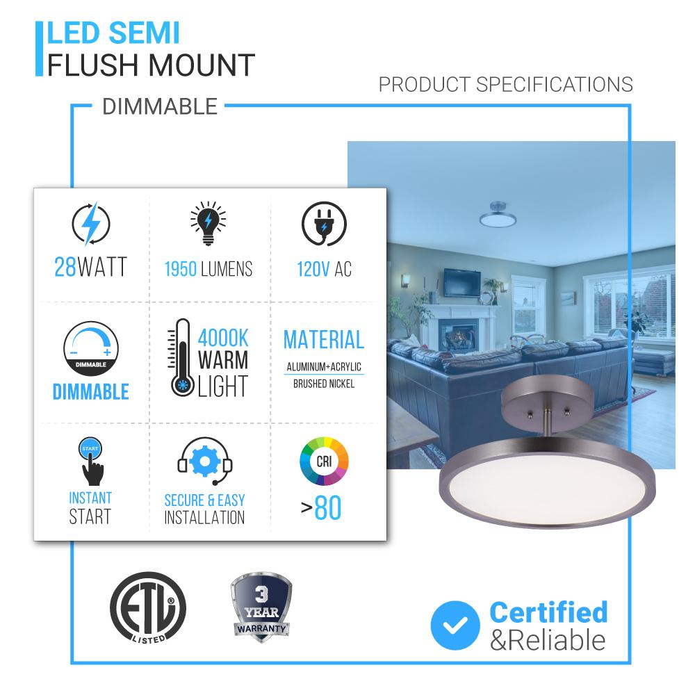 LED Semi-Flush Mount Light, 28W, 1950 Lumens, Dimmable, Round Close To Ceiling Lights