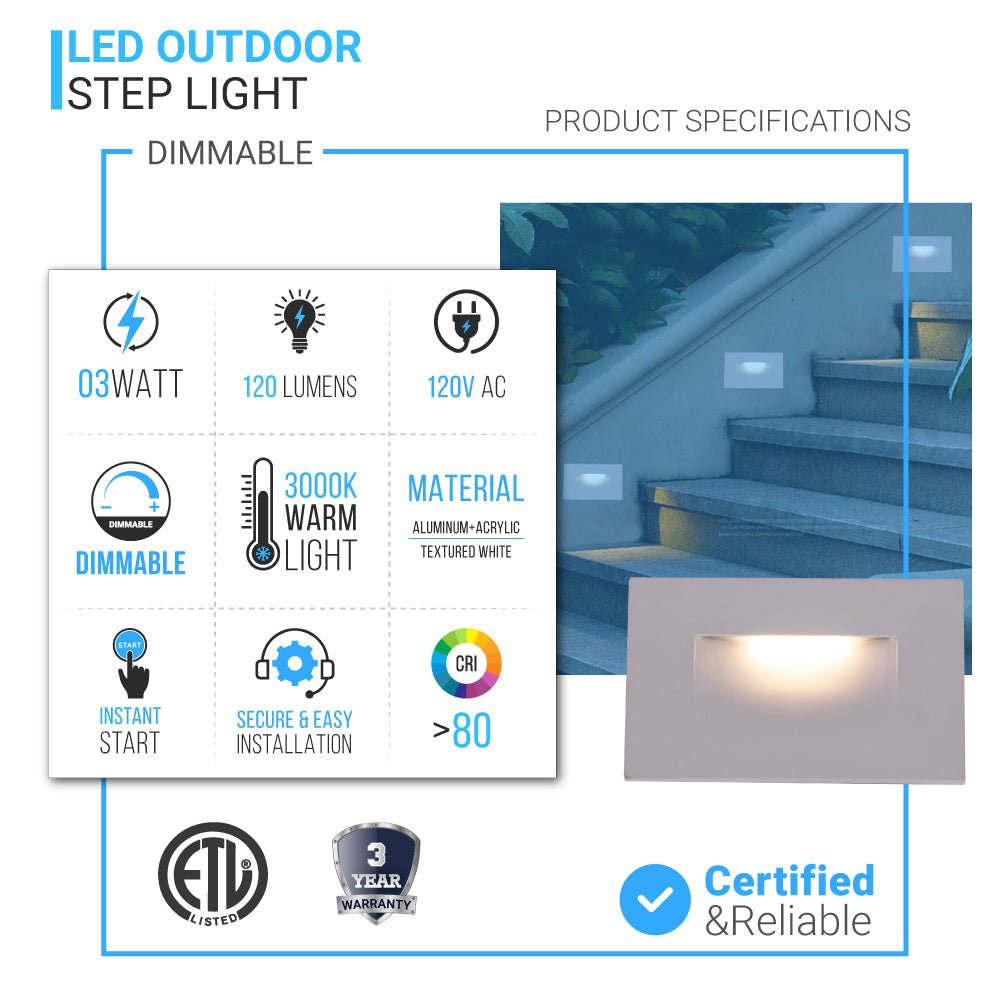 LED Step Lights 3W 3000K (Warm White), 120 LM, 120V, Rectangle, ETL Listed, Dimmable, Wet Location, Indoor Outdoor Stair Lights