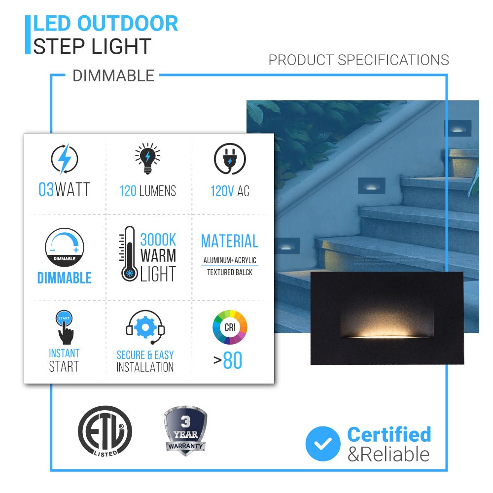 LED Step Lights 3W 3000K (Warm White), 120 LM, 120V, Rectangle, ETL Listed, Dimmable, Wet Location, Indoor Outdoor Stair Lights