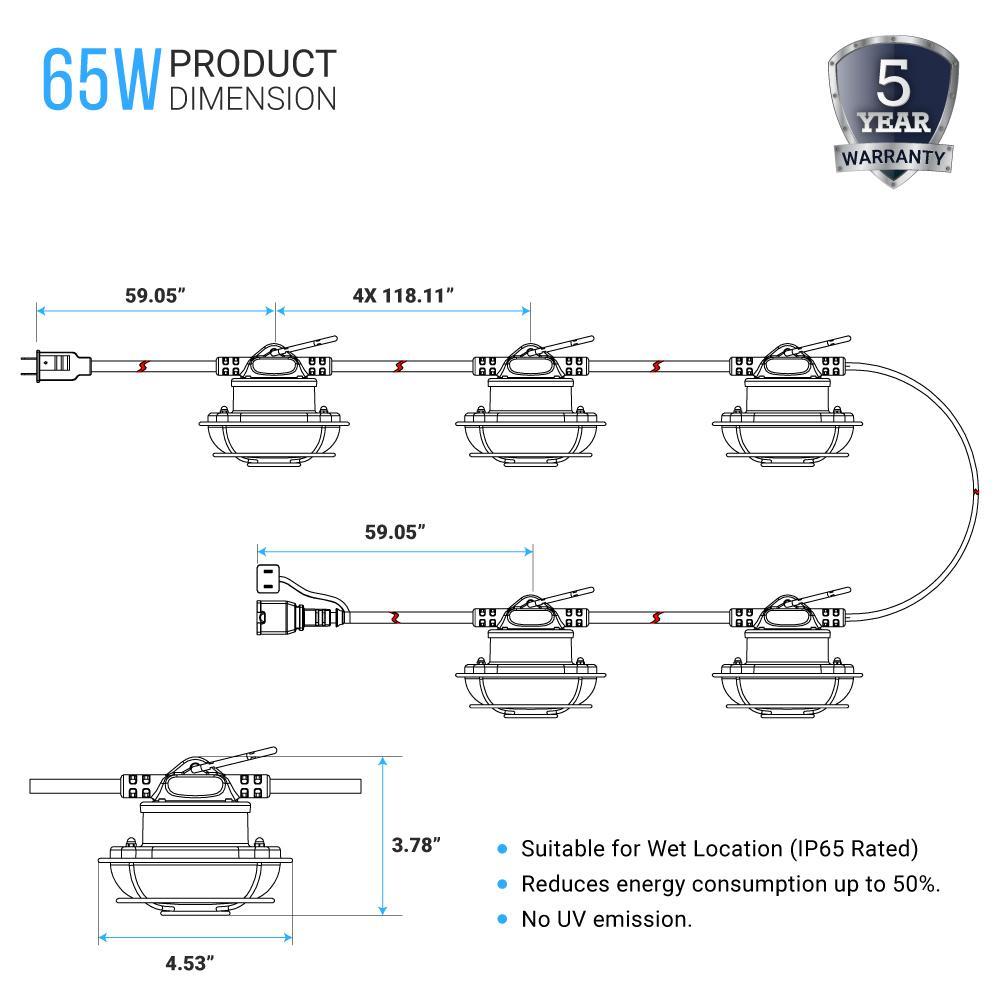 LED String Work Lights With Cage, 65W 5000K, 50ft, 8000LM , IP65, 5 Lights Per Bunch,  Linkable, for Construction Sites, Renovation, Mine Cave, Hanging String Lights