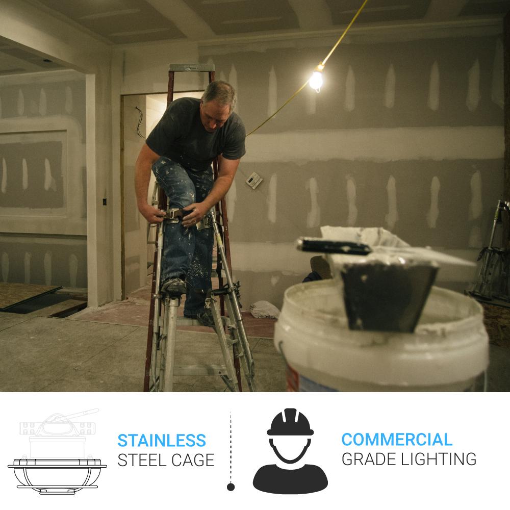 LED String Work Lights With Cage, 65W 5000K, 50ft, 8000LM , IP65, 5 Lights Per Bunch,  Linkable, for Construction Sites, Renovation, Mine Cave, Hanging String Lights