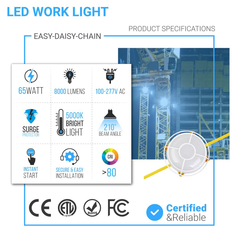 LED String Work Lights With Cage, 65W 5000K, 50ft, 8000LM , IP65, 5 Lights Per Bunch,  Linkable, for Construction Sites, Renovation, Mine Cave, Hanging String Lights