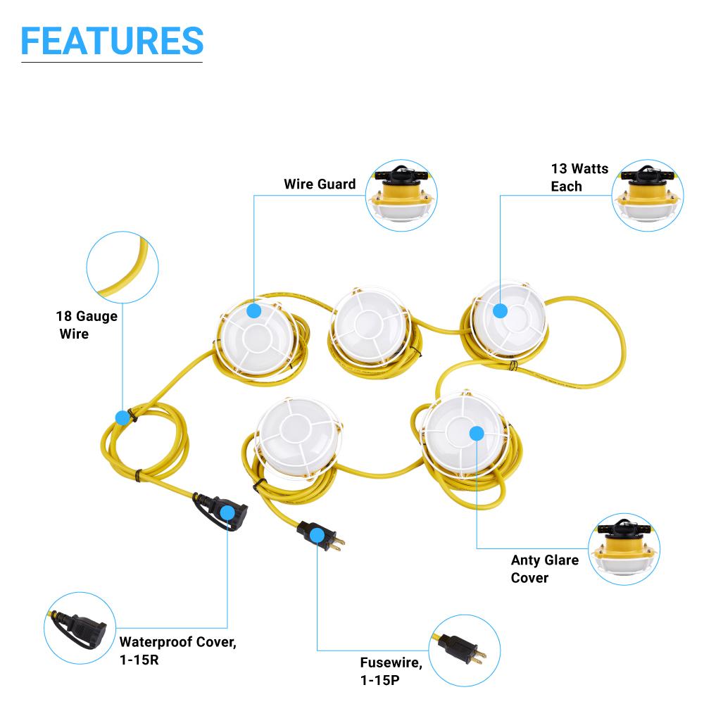 LED String Work Lights With Cage, 65W 5000K, 50ft, 8000LM , IP65, 5 Lights Per Bunch,  Linkable, for Construction Sites, Renovation, Mine Cave, Hanging String Lights