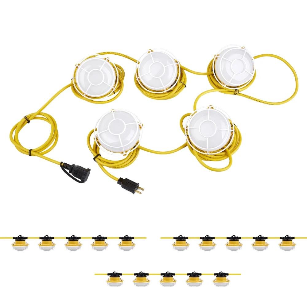 LED String Work Lights With Cage, 65W 5000K, 50ft, 8000LM , IP65, 5 Lights Per Bunch,  Linkable, for Construction Sites, Renovation, Mine Cave, Hanging String Lights