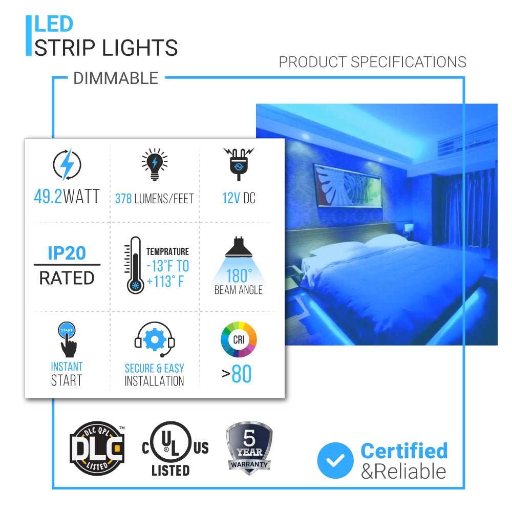 LED Strip Lights, IP20, 16.4ft, Dimmable, 12V, SMD 2216, 120 leds/Meter, 378 Lumens/ft, UL, RoHS Listed, LED Lights for Bedroom, Kitchen, Home Decoration