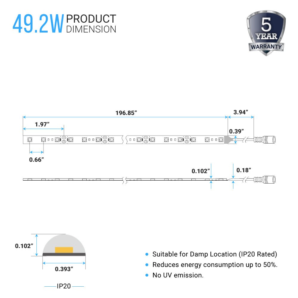 LED Strip Lights, IP20, 16.4ft, Dimmable, 12V, SMD 2216, 120 leds/Meter, 378 Lumens/ft, UL, RoHS Listed, LED Lights for Bedroom, Kitchen, Home Decoration