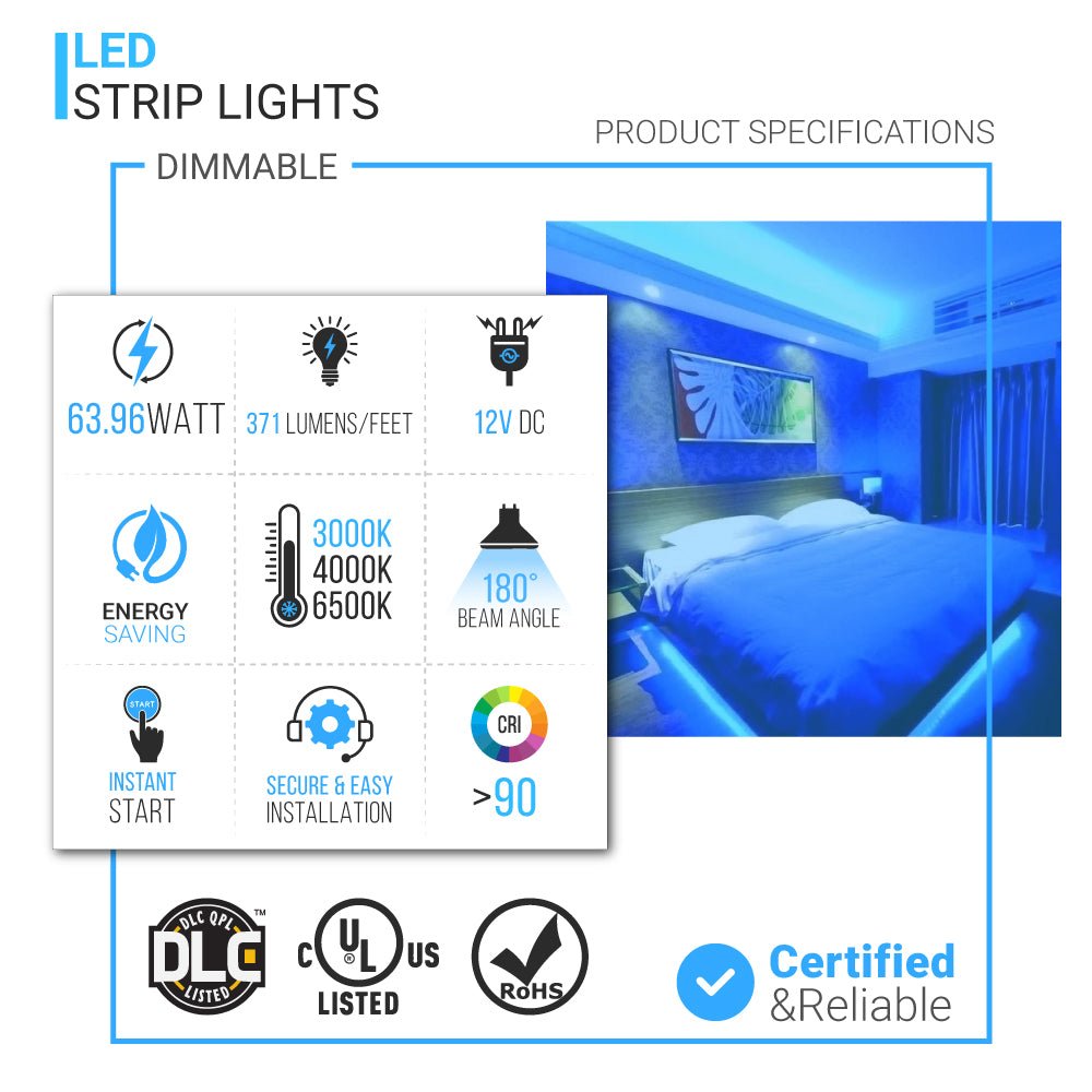 LED Strip Lights, IP20, 16.4ft, Dimmable, 12V, SMD 2835, 120 leds/Meter, UL, RoHS Listed, LED Lights for Bedroom, Kitchen, Home Decoration