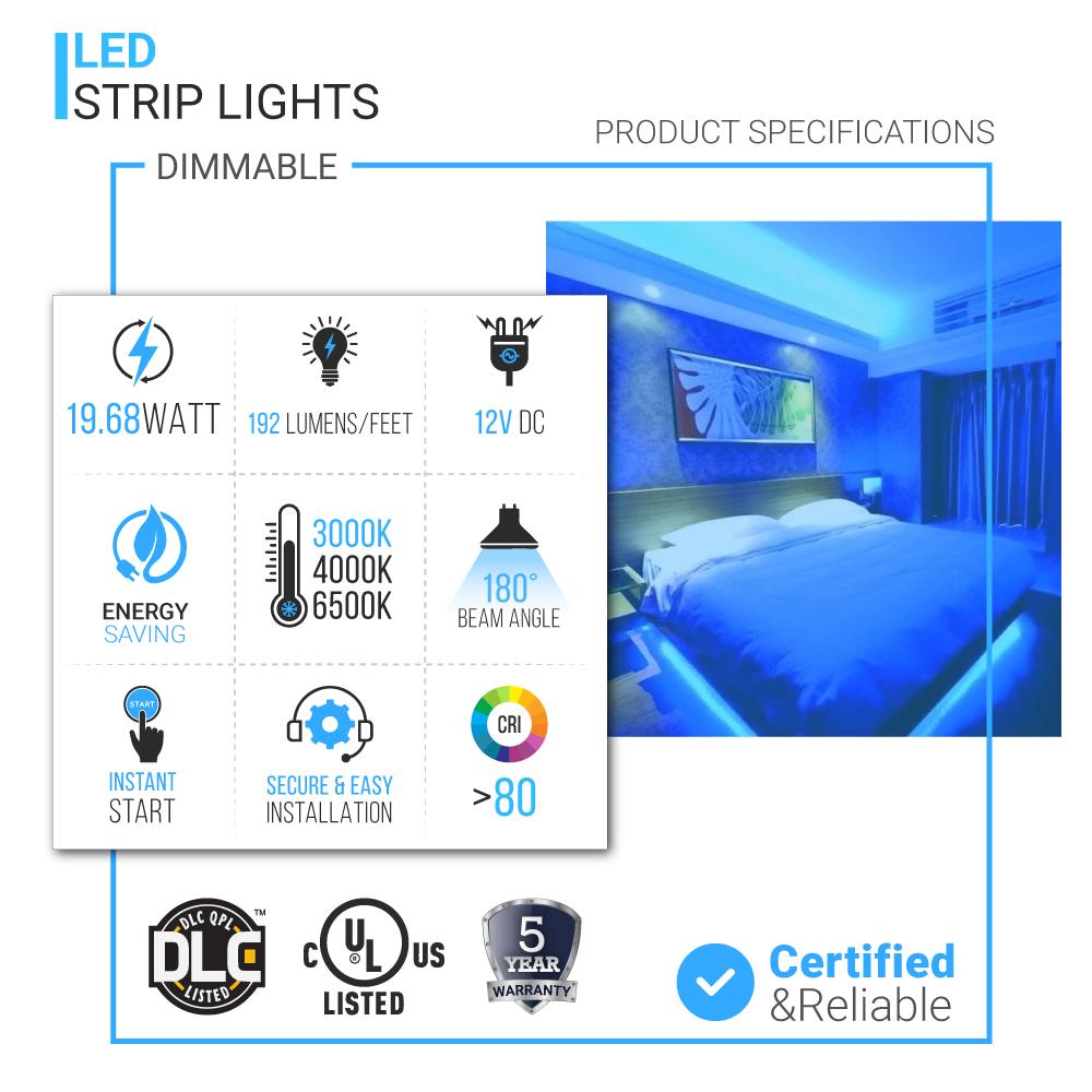 LED Strip Lights, IP20, 16.4ft, Dimmable, 12V, SMD 3528, 60 leds/Meter, 192 Lumens/ft, UL, RoHS Listed, LED Lights for Bedroom, Kitchen, Home Decoration