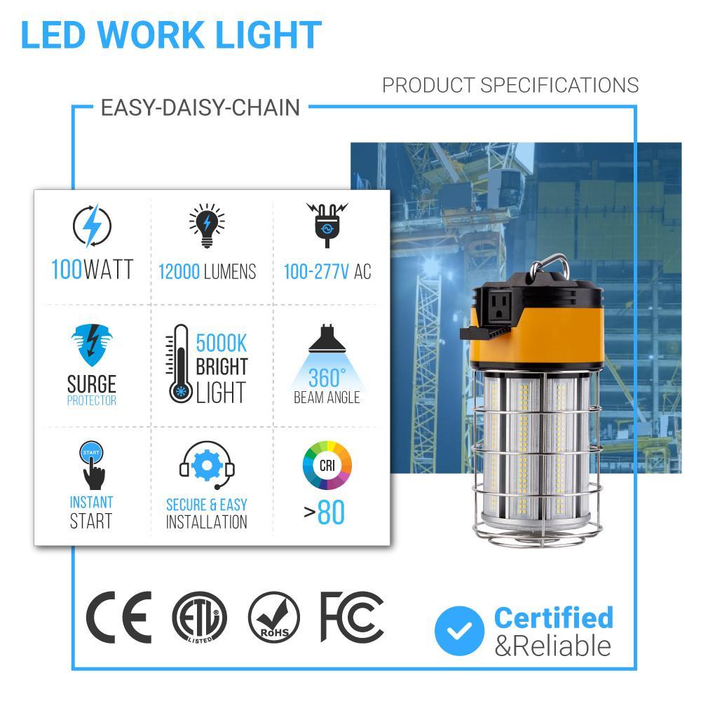 LED Temporary Work Lights with Cage, 100W 5000K, Plug and Play, Linkable, 12000LM, IP64, Portable Hanging Lighting for Construction Jobsite