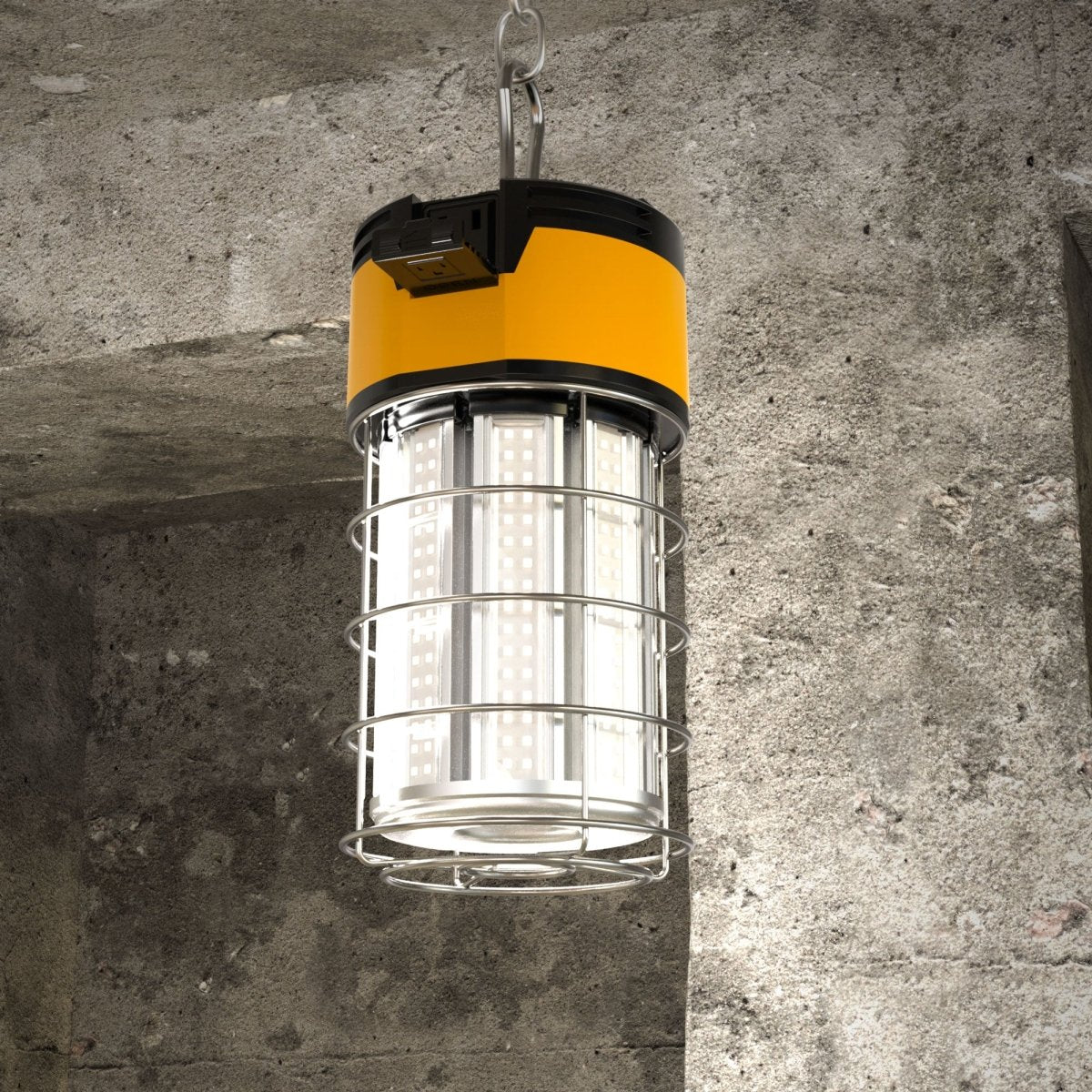 LED Temporary Work Lights with Cage, 100W 5000K, Plug and Play, Linkable, 12000LM, IP64, Portable Hanging Lighting for Construction Jobsite