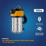 LED Temporary Work Lights with Cage, 100W 5000K, Plug and Play, Linkable, 12000LM, IP64, Portable Hanging Lighting for Construction Jobsite