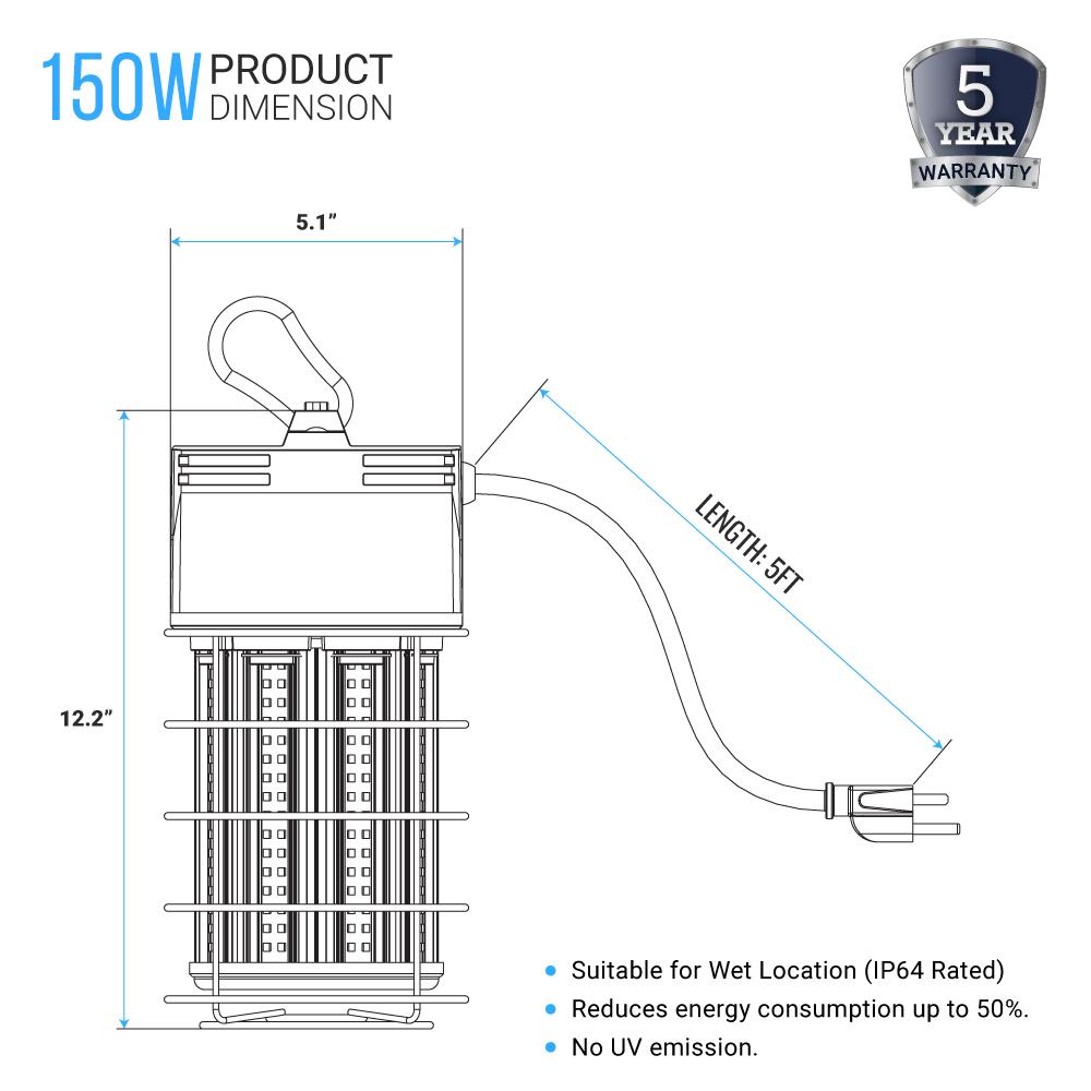 LED Temporary Work Lights with Cage, 150W 5000K 18000LM Plug and Play, Linkable, Jobsite Lighting, IP64, Portable Hanging Work Construction Light