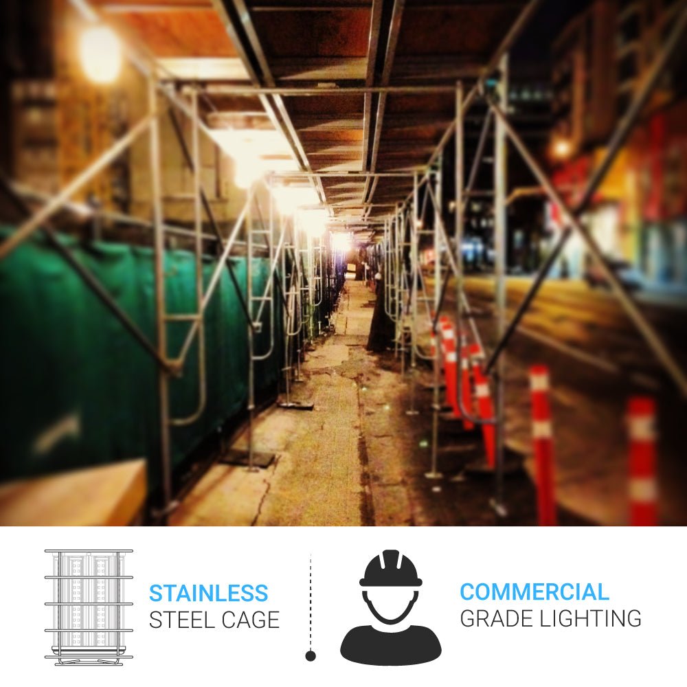 LED Temporary Work Lights with Cage, 150W 5000K 18000LM Plug and Play, Linkable, Jobsite Lighting, IP64, Portable Hanging Work Construction Light
