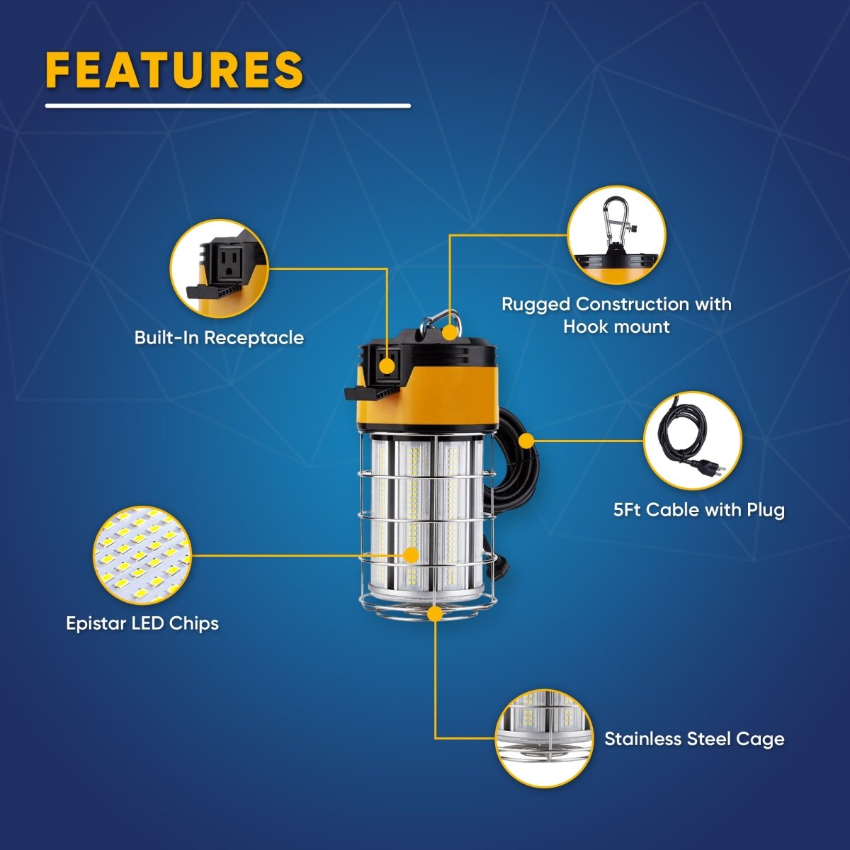 LED Temporary Work Lights with Cage, 150W 5000K 18000LM Plug and Play, Linkable, Jobsite Lighting, IP64, Portable Hanging Work Construction Light