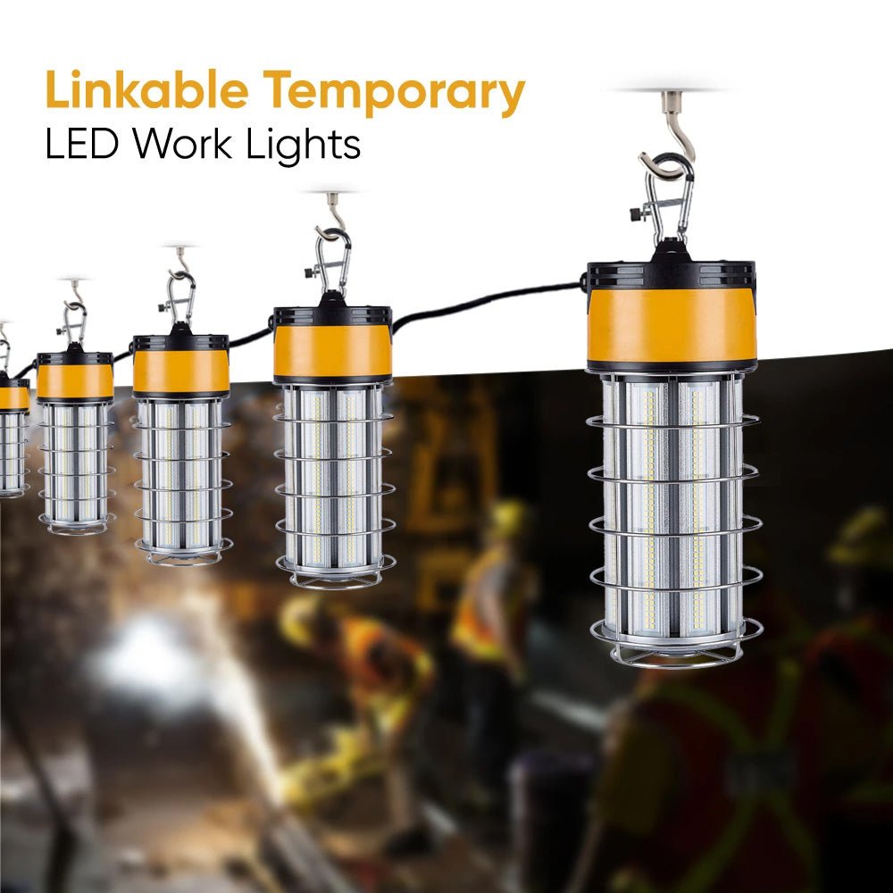 LED Temporary Work Lights with Cage, 150W 5000K 18000LM Plug and Play, Linkable, Jobsite Lighting, IP64, Portable Hanging Work Construction Light