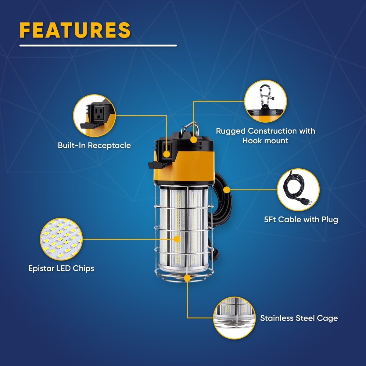 LED Temporary Work Lights with Cage, 150W 5000K 18000LM Plug and Play, Linkable, Jobsite Lighting, IP64, Portable Hanging Work Construction Light