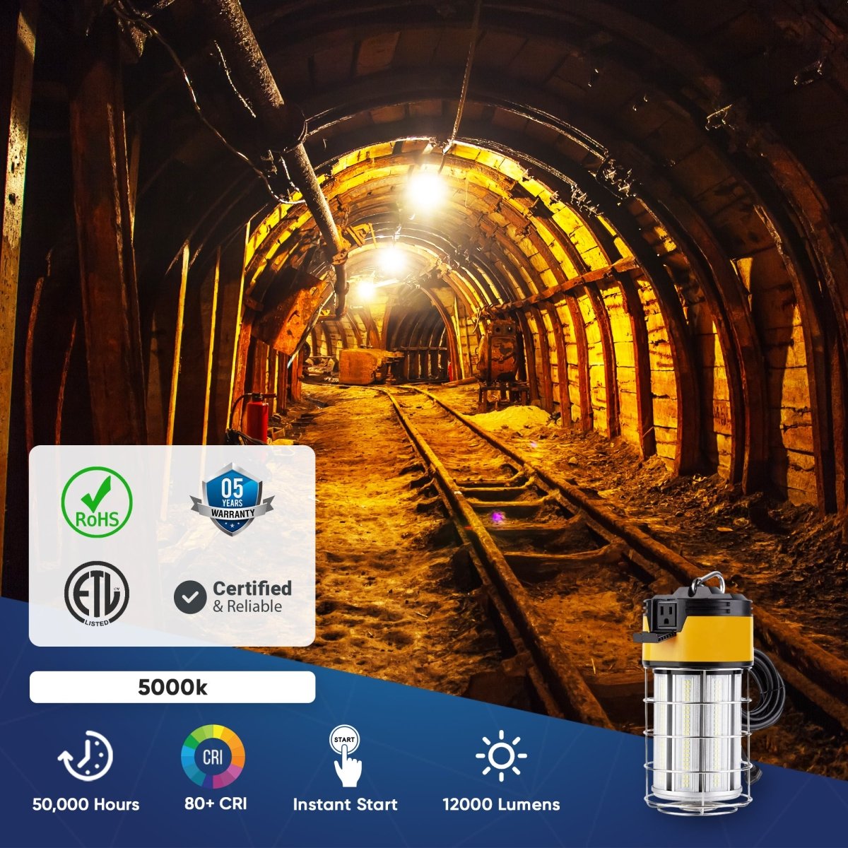 LED Temporary Work Lights with Cage, 150W 5000K 18000LM Plug and Play, Linkable, Jobsite Lighting, IP64, Portable Hanging Work Construction Light