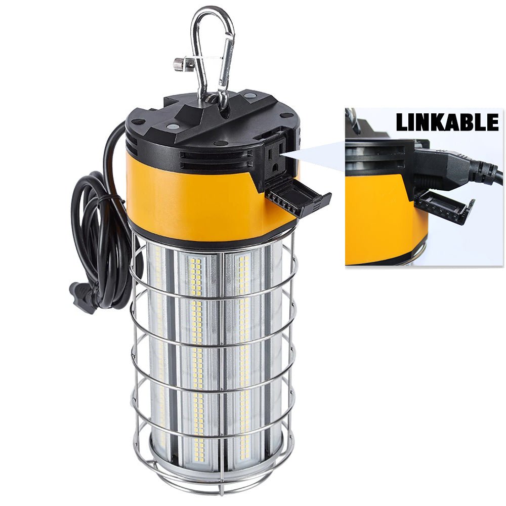 LED Temporary Work Lights with Cage, 150W 5000K 18000LM Plug and Play, Linkable, Jobsite Lighting, IP64, Portable Hanging Work Construction Light