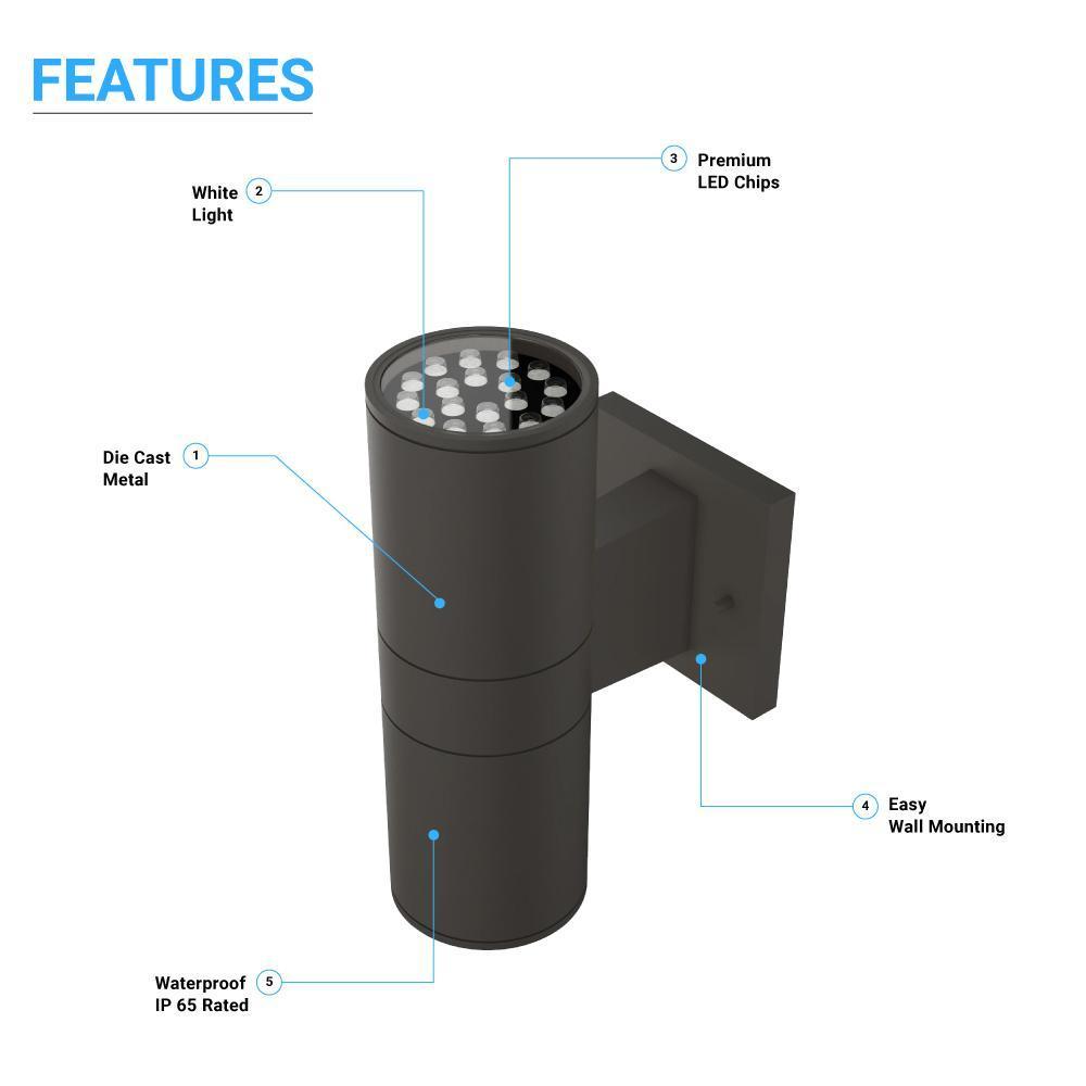 LED Up & Down Lights Outdoor, Cylinder, 12WX2, AC100- 277V, 80-90 Lm/W, IP65, Light Bronze Finish, Double Side