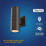 LED Up & Down Lights Outdoor, Cylinder, 12WX2, AC100- 277V, 80-90 Lm/W, IP65, Light Bronze Finish, Double Side