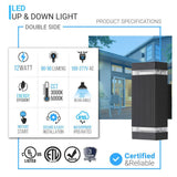 LED Up & Down Wall Lights Outdoor, Square, 2x6W, AC100- 277V, Waterproof Wall Sconce in 2 Lights, ETL-Listed, 80-90 Lumens/W