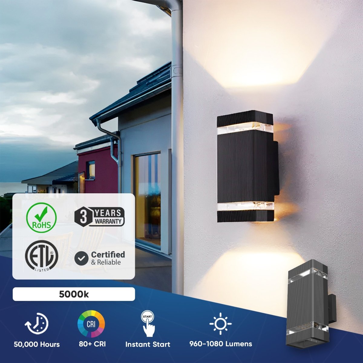 LED Up & Down Wall Lights Outdoor, Square, 2x6W, AC100- 277V, Waterproof Wall Sconce in 2 Lights, ETL-Listed, 80-90 Lumens/W