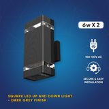 LED Up & Down Wall Lights Outdoor, Square, 2x6W, AC100- 277V, Waterproof Wall Sconce in 2 Lights, ETL-Listed, 80-90 Lumens/W