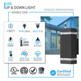 LED Up & Down Wall Lights Outdoor, Square, 2x6W, AC100- 277V, Waterproof Wall Sconce in 2 Lights, ETL-Listed, 80-90 Lumens/W