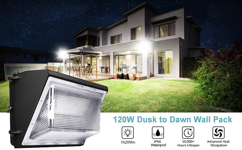 LED Wall Pack Light with Dusk-to-Dawn Photocell 120W 5700K 16300LM, Forward Throw, IP65 Waterproof Outdoor Wall Light Fixture, Commercial Security Lighting, UL, DLC Premium