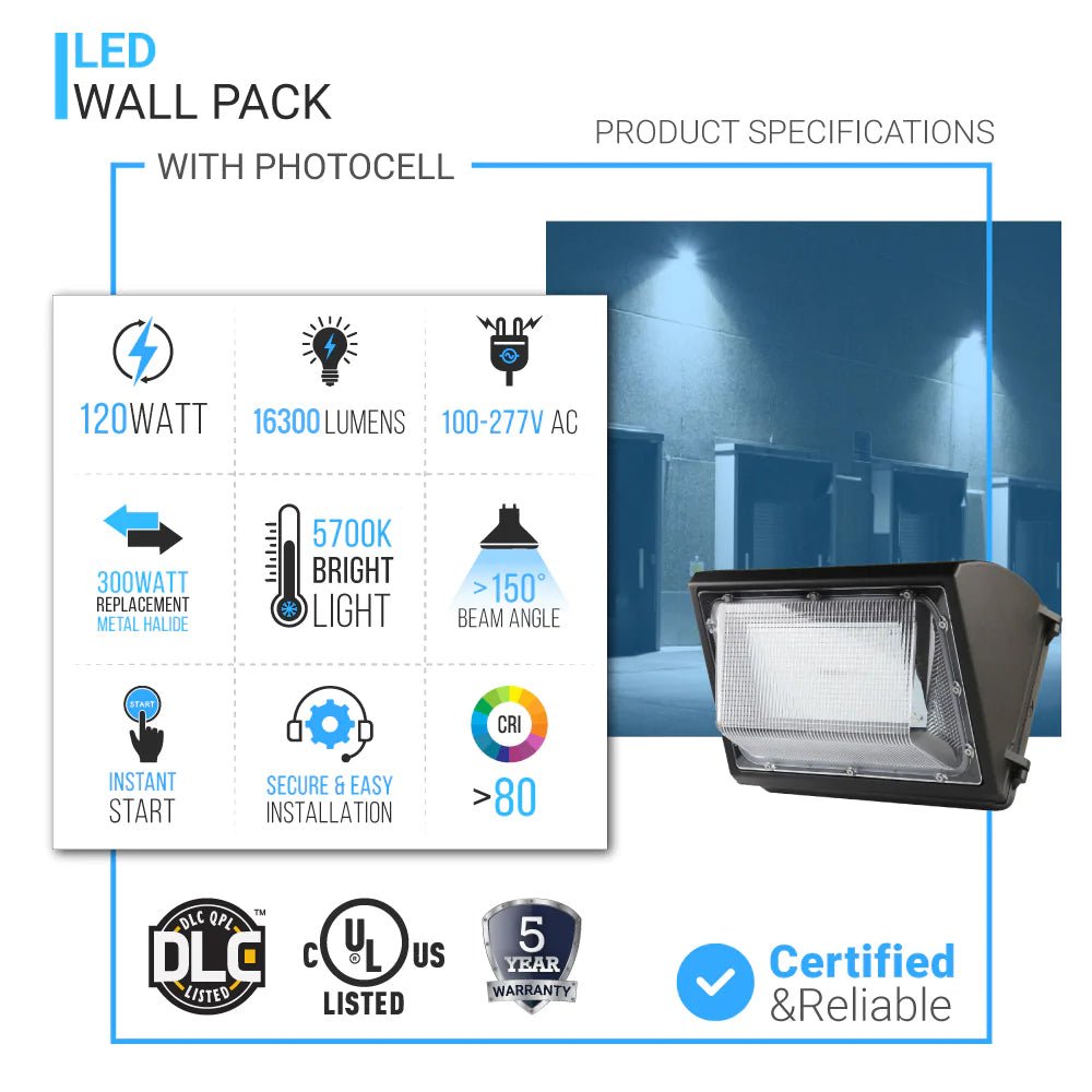 LED Wall Pack Light with Dusk-to-Dawn Photocell 120W 5700K 16300LM, Forward Throw, IP65 Waterproof Outdoor Wall Light Fixture, Commercial Security Lighting, UL, DLC Premium