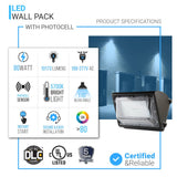 LED Wall Pack Light with Dusk-to-Dawn Photocell 80W 10,200 Lumens, 5700K Bronze Finish - Forward Throw, IP65 Waterproof Outdoor Wall Light Fixture, Commercial Security Lighting