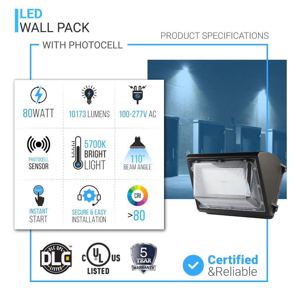 LED Wall Pack Light with Dusk-to-Dawn Photocell 80W 10,200 Lumens, 5700K Bronze Finish - Forward Throw, IP65 Waterproof Outdoor Wall Light Fixture, Commercial Security Lighting