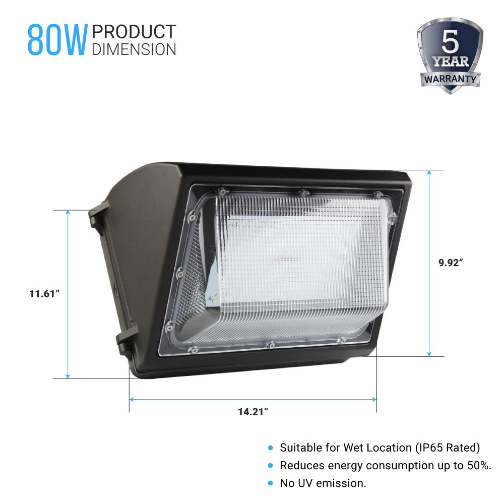 LED Wall Pack Light without Photocell 80W 5700K Forward Throw, IP65 Waterproof, 10400LM,  UL, DLC Certified, Outdoor Commercial Security Light, For Porch Garage Warehouse Security Flood Lighting