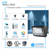 LED Wall Pack Light without Photocell 80W 5700K Forward Throw, IP65 Waterproof, 10400LM,  UL, DLC Certified, Outdoor Commercial Security Light, For Porch Garage Warehouse Security Flood Lighting