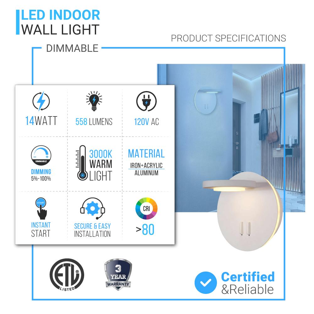 LED Wall Sconce Light, 14W, 3000K (Warm white), 558LM, Industrial Design, Dimmable, Diameter 6.2 inch