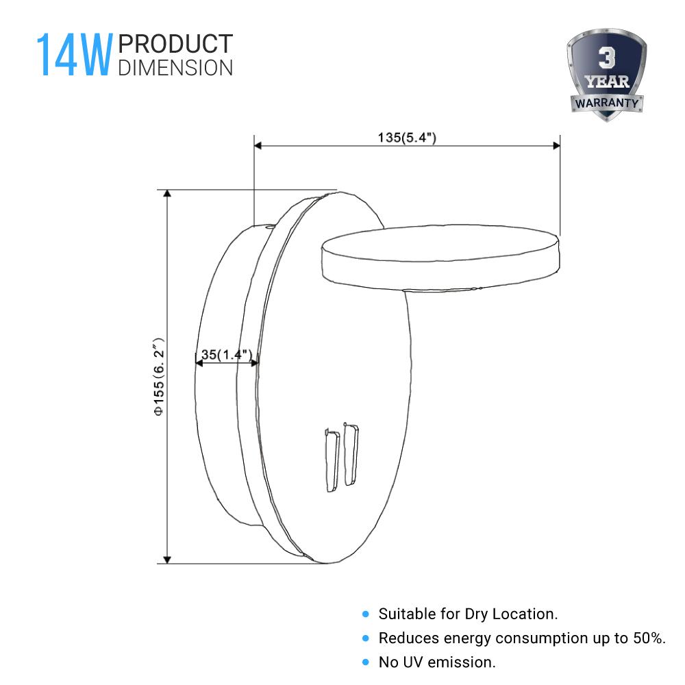 LED Wall Sconce Light, 14W, 3000K (Warm white), 558LM, Industrial Design, Dimmable, Diameter 6.2 inch