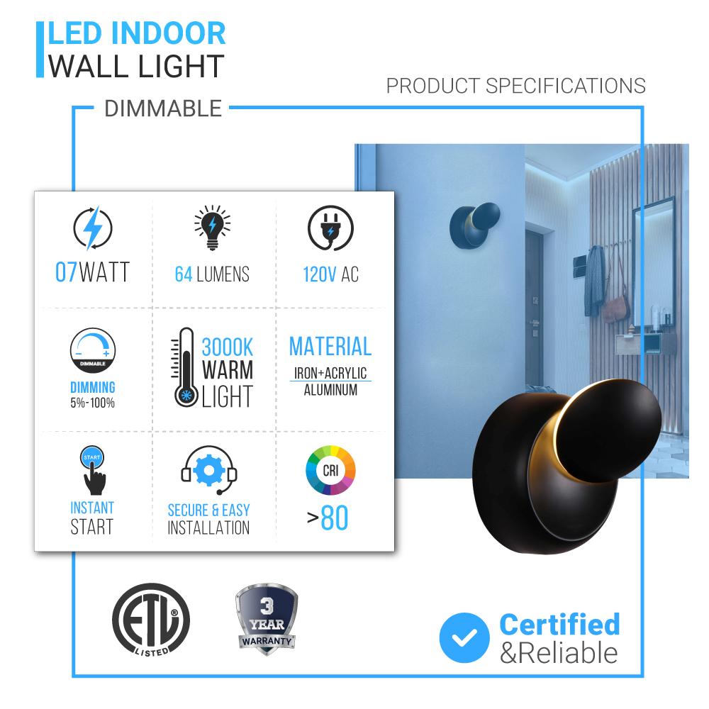LED Wall Sconce Light, 7W, 3000K (Warm White), Dimmable, Modern Indoor Wall Mount Sconces