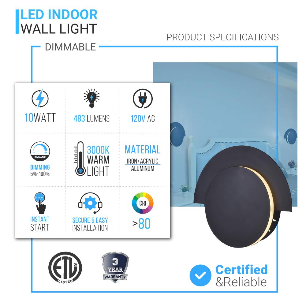 LED Wall Sconce Light For Living Room Lighting, 10W 3000K (Warm White) 483LM 120V Dimmable, Round