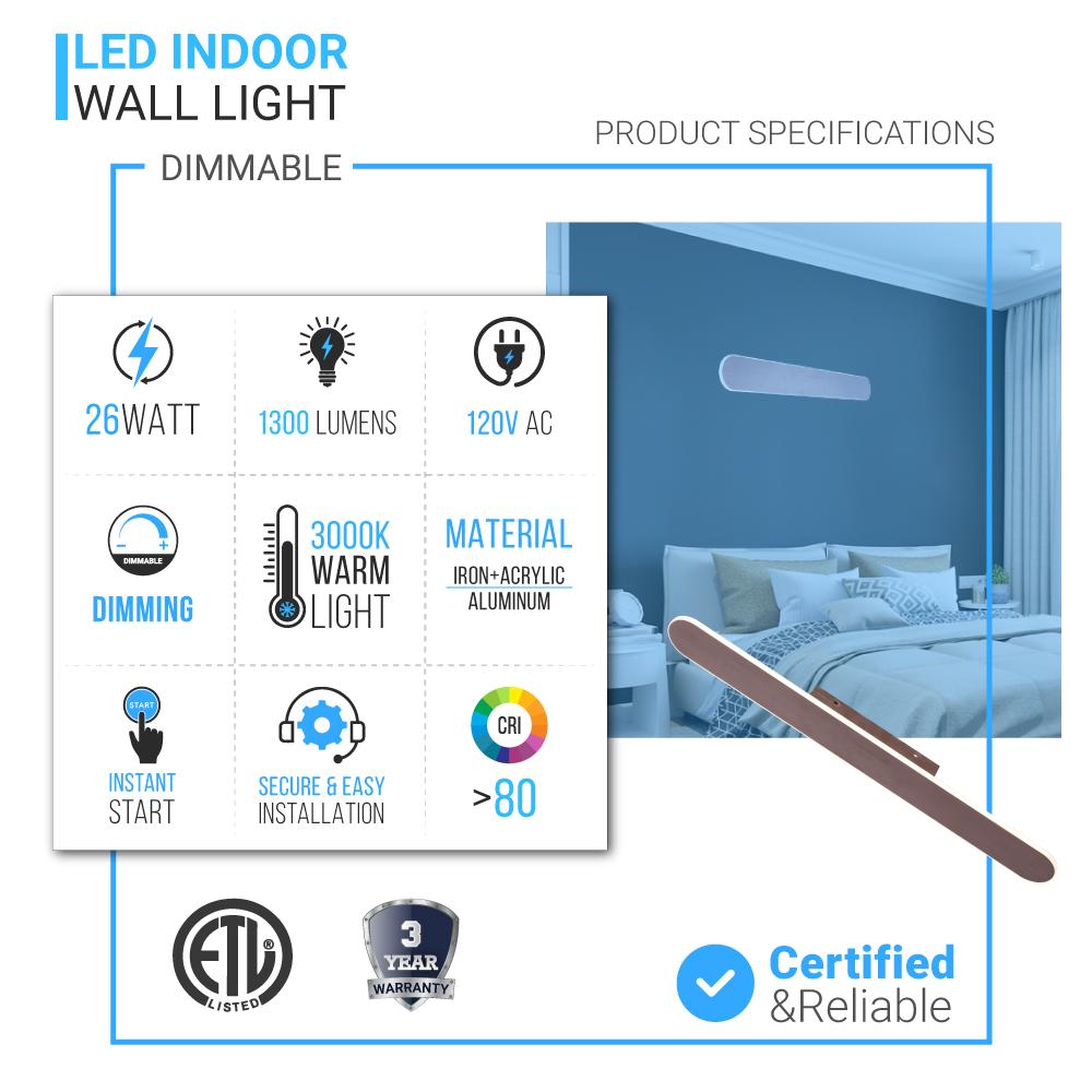 LED Wall Sconce with Brushed brown Body Finish, 26W, 3000K, 1300LM, Dimmable, Aluminum Body Material
