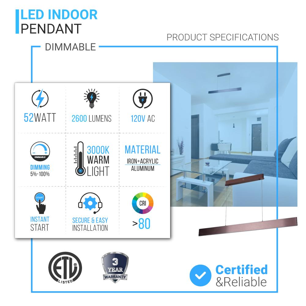Linear LED Pendant Mount Lighting Fixture in Brushed brown Body Finish, 52W, 3000K, 2600LM, Dimmable