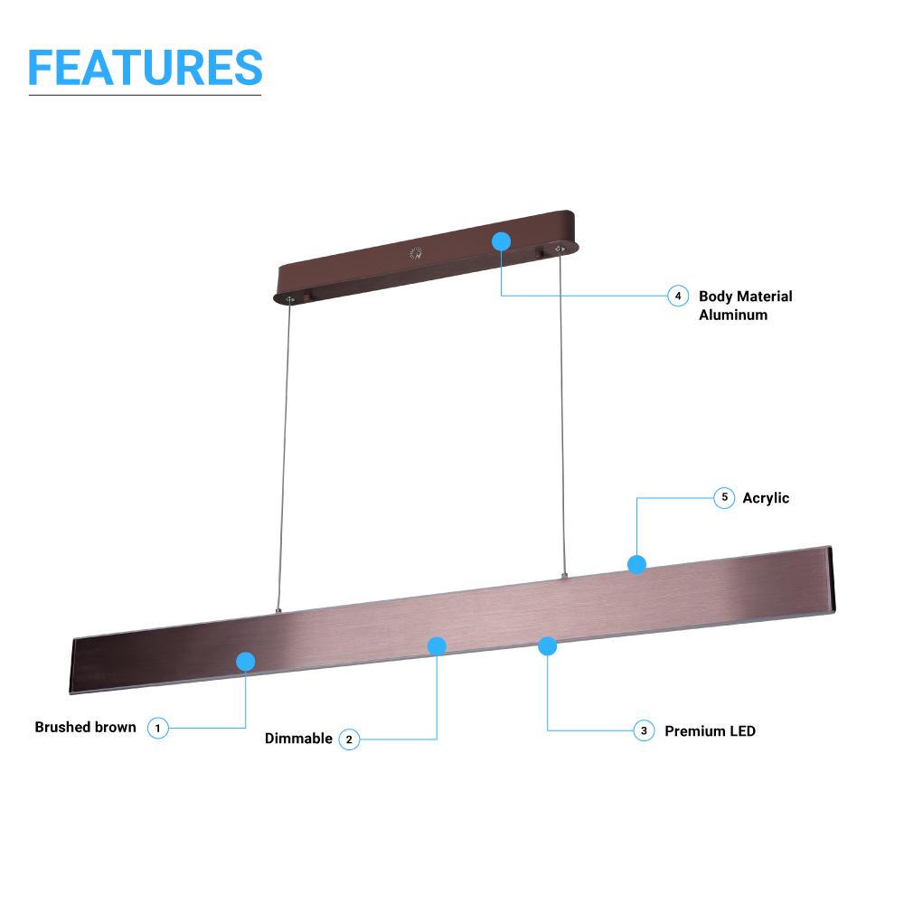 Linear LED Pendant Mount Lighting Fixture in Brushed brown Body Finish, 52W, 3000K, 2600LM, Dimmable