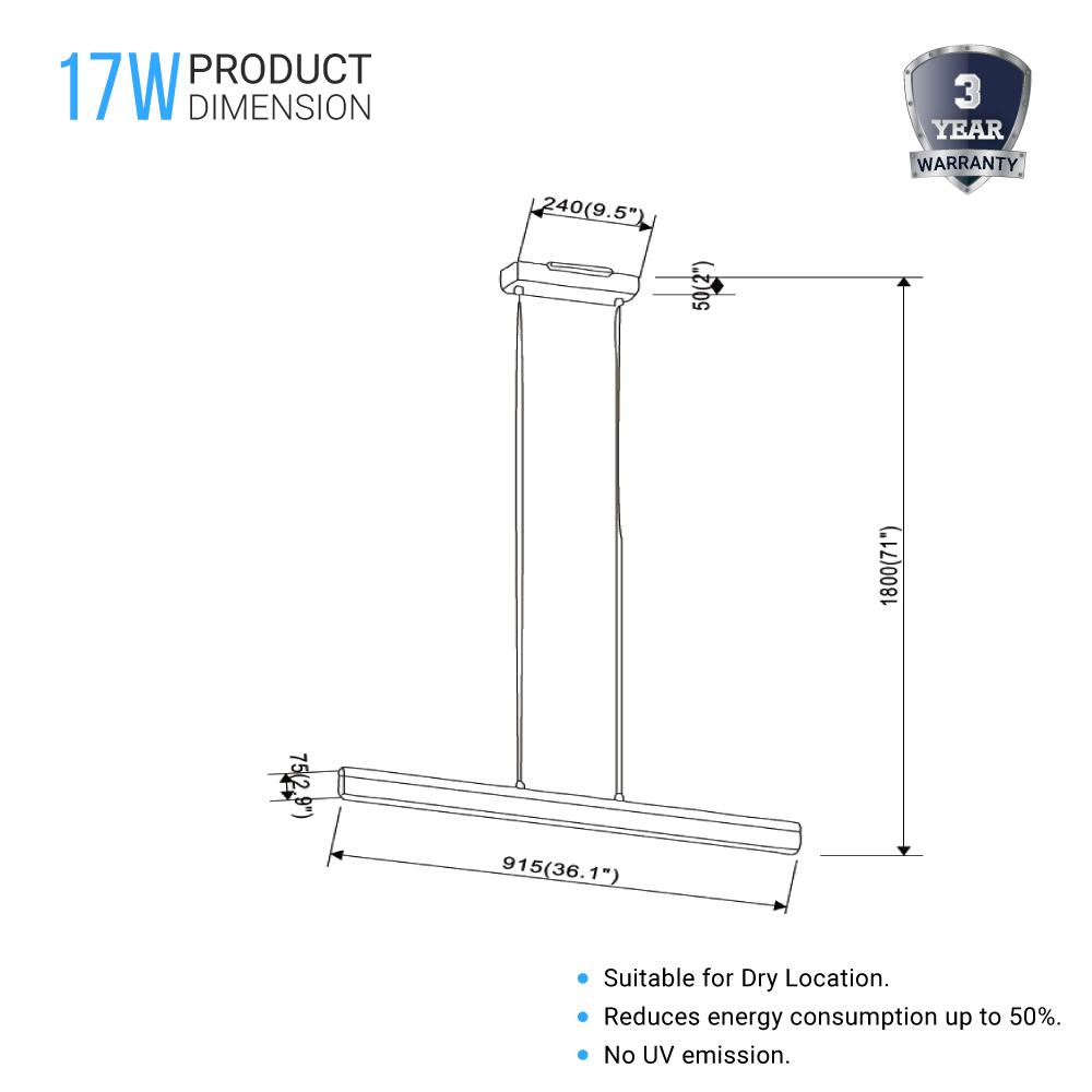 Linear Rectangular Pendant Lighting Fixture, 17W, 3000K (Warm White), 1137LM, Dimension: 36.1''x71''
